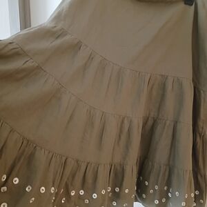 Daisy Fuentes Olive Tiered Midi Skirt with Pearl Button Trim